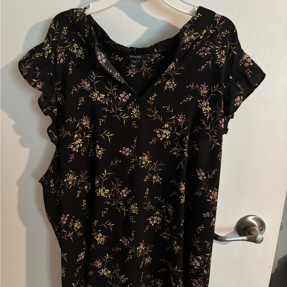 RW&CO. Black Blouse with Purple and Yellow Floral Design